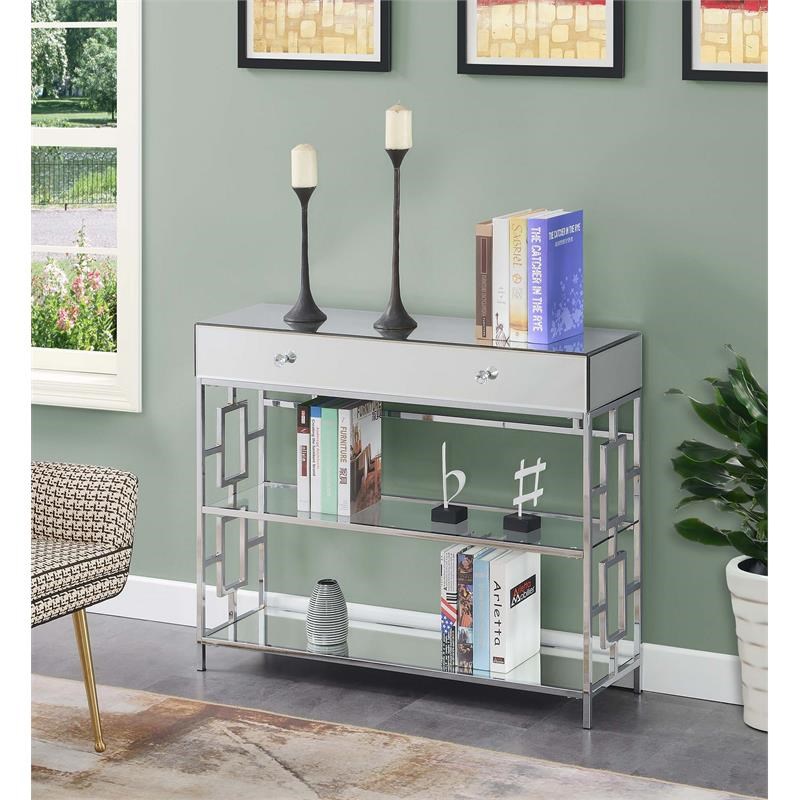 Town Square One-Drawer Console Table in Mirrored Glass and Chrome Metal Frame
