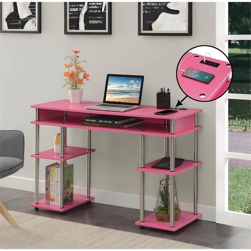 Designs2Go No Tools Student Desk with Charging Station in Pink Wood Finish