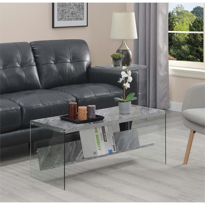 Convenience Concepts Soho Coffee Table in Gray Faux Marble Wood with Glass Sides