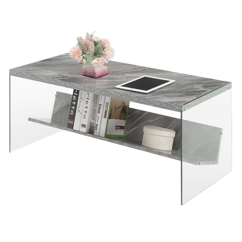 Convenience Concepts Soho Coffee Table in Gray Faux Marble Wood with Glass Sides