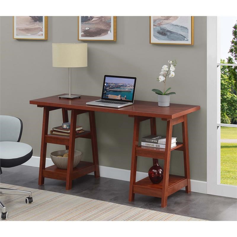Convenience Concepts Designs2Go Double Trestle Desk in Warm Cherry Wood Finish