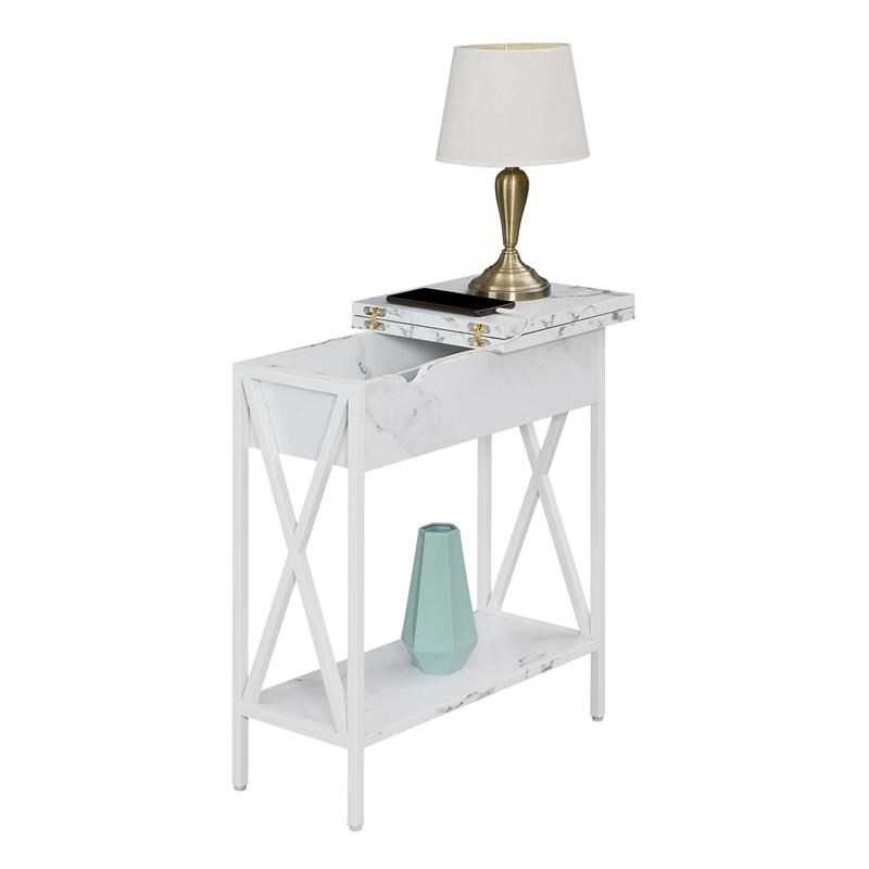 Tucson Flip Top End Table with Charging Station and Shelf in White Marble Wood