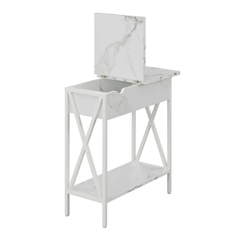 Tucson Flip Top End Table with Charging Station and Shelf in White Marble Wood