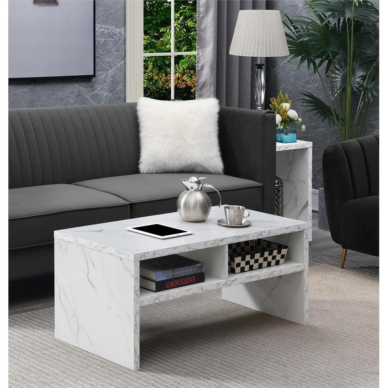 Northfield Admiral Deluxe Coffee Table with Shelves in White Marble Wood Finish