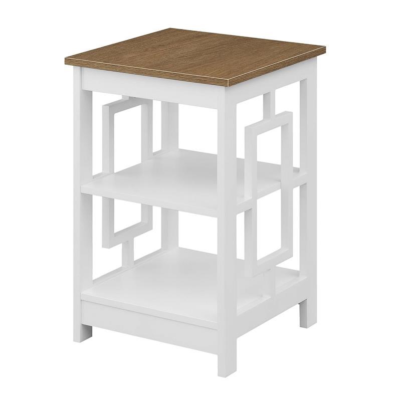 Town Square End Table with Shelves in White Wood with Driftwood Top Finish