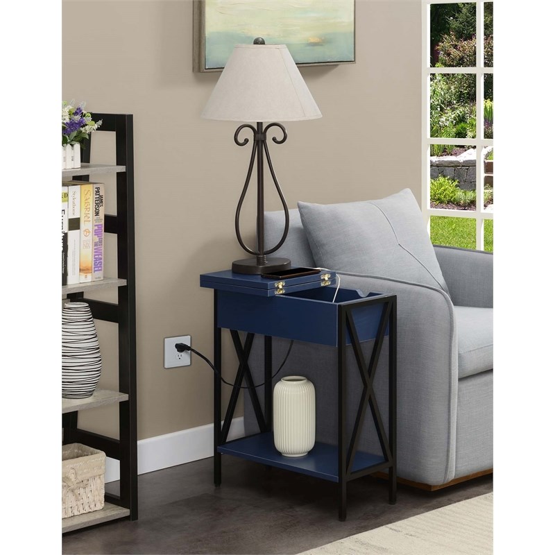 Tucson Flip Top End Table with Charging Station and Shelf Cobalt Blue Wood