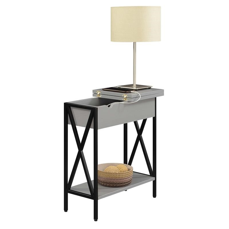Tucson Flip Top End Table with Charging Station and Shelf in Gray Wood Finish