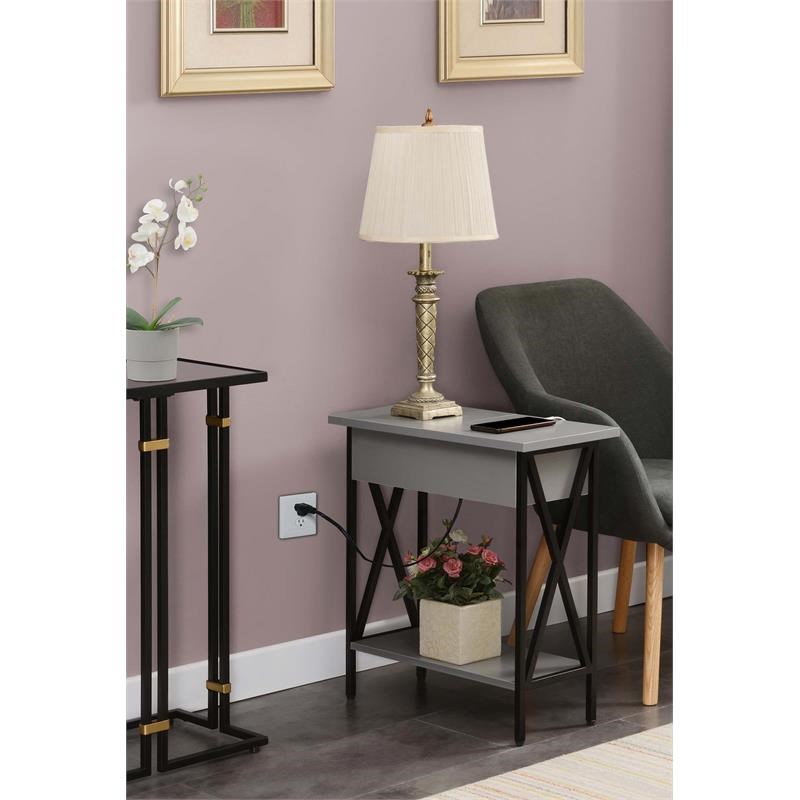 Tucson Flip Top End Table with Charging Station and Shelf in Gray Wood Finish