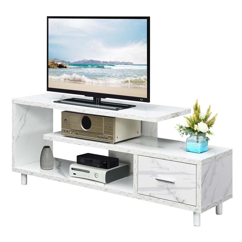 Seal II One-Drawer 60-inch TV Stand with Shelves in White Faux Marble Wood