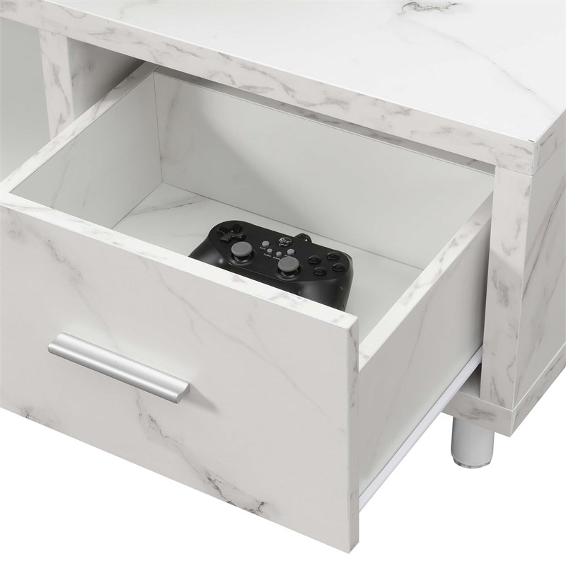 Seal II One-Drawer 60-inch TV Stand with Shelves in White Faux Marble Wood