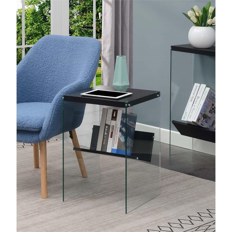 SoHo End Table with Shelf in Black Wood Finish with Clear Tempered Glass Panels