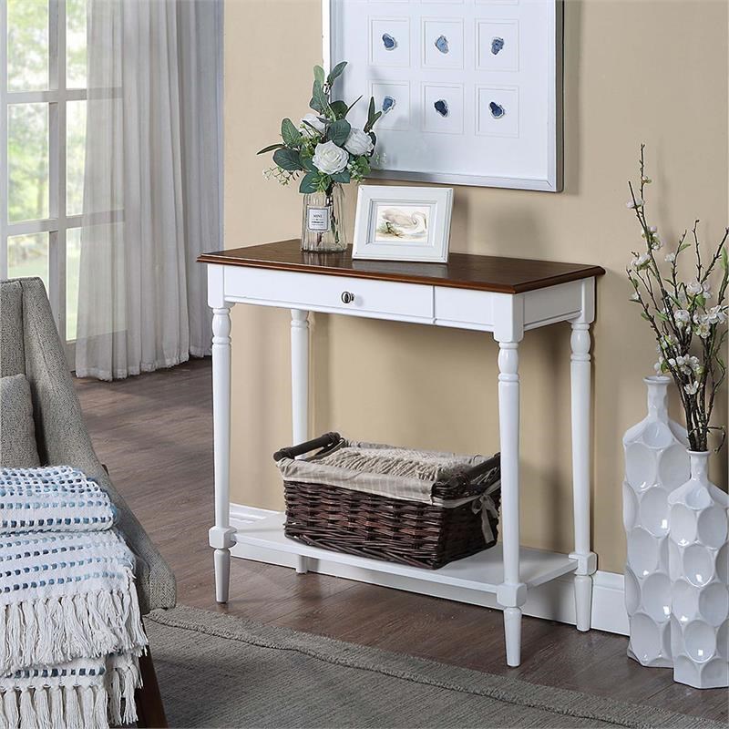 French Country One-Drawer Hall Table with Shelf in White Wood Finish