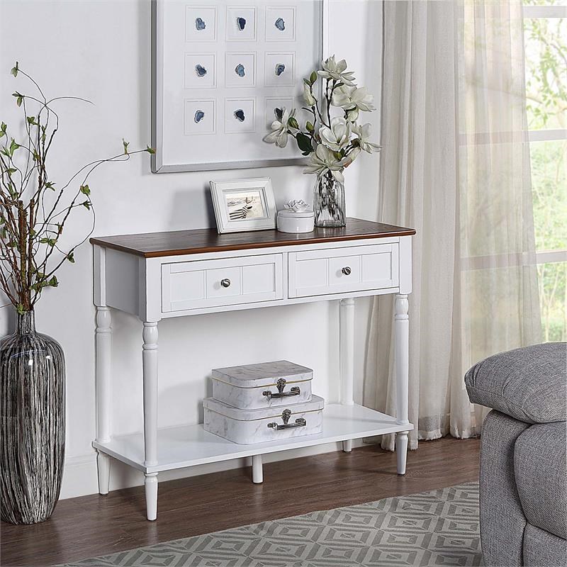 French Country Two-Drawer Hall Table with Shelf in White Wood Finish