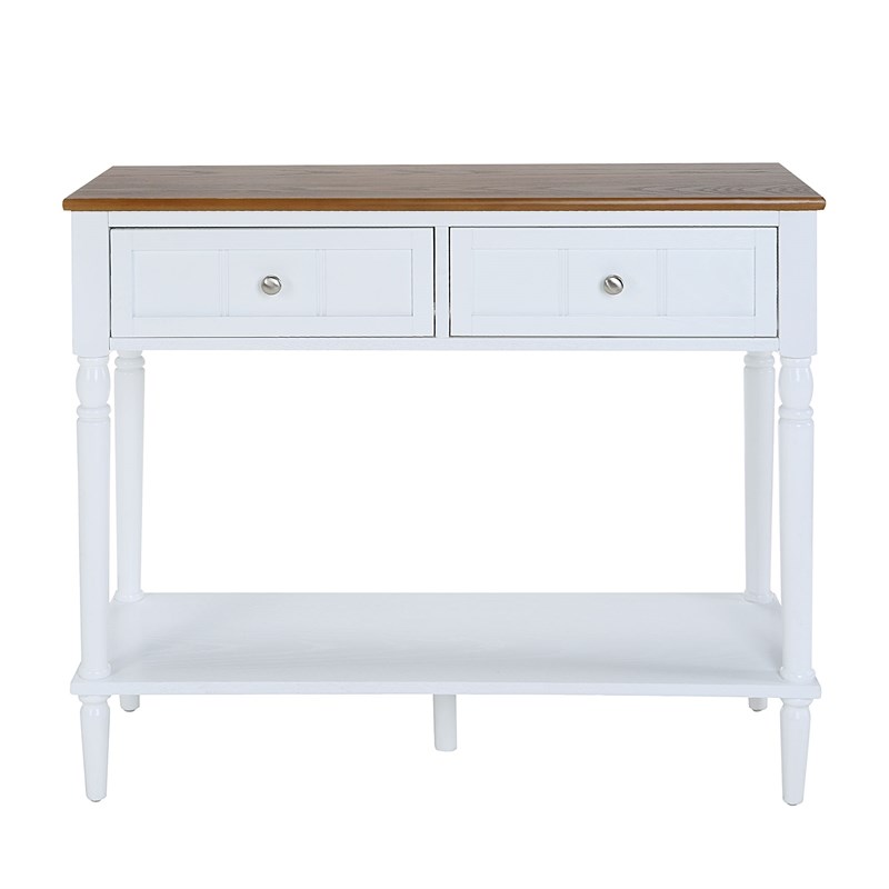 French Country Two-Drawer Hall Table with Shelf in White Wood Finish