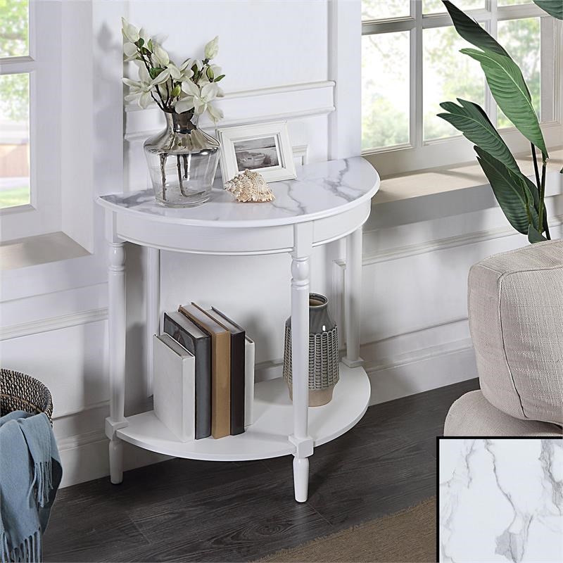 French Country Half-Round Entryway Table with Shelf in White Wood Finish