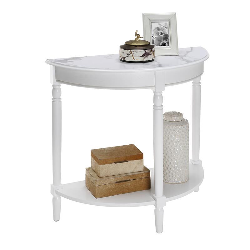 French Country Half-Round Entryway Table with Shelf in White Wood Finish