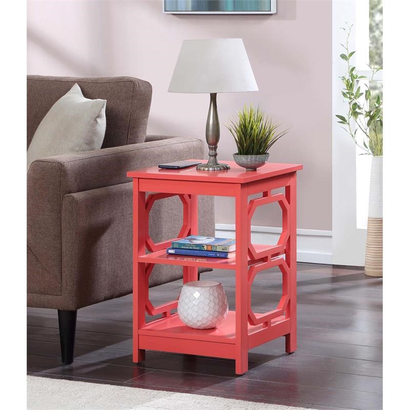 Convenience Concepts Omega End Table with Shelves in Coral Pink Wood Finish