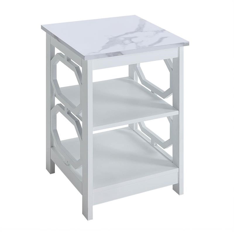 Omega End Table with Shelves with White Faux Marble Top and White Wood Finish
