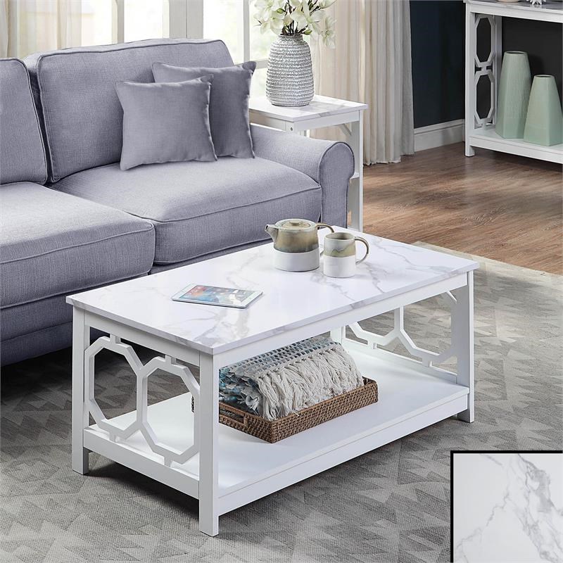 Omega Coffee Table with Shelf with White Faux Marble and White Wood Finish