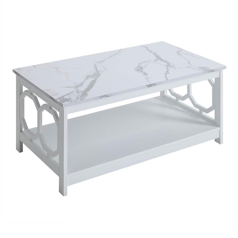 Omega Coffee Table with Shelf with White Faux Marble and White Wood Finish