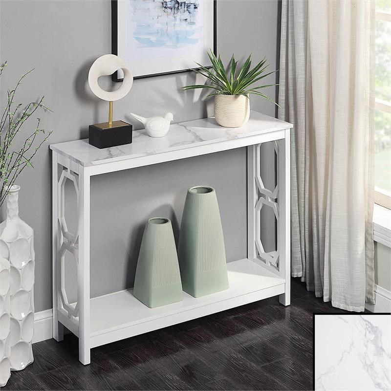 Omega Console Table with Shelf with White Faux Marble and White Wood Finish