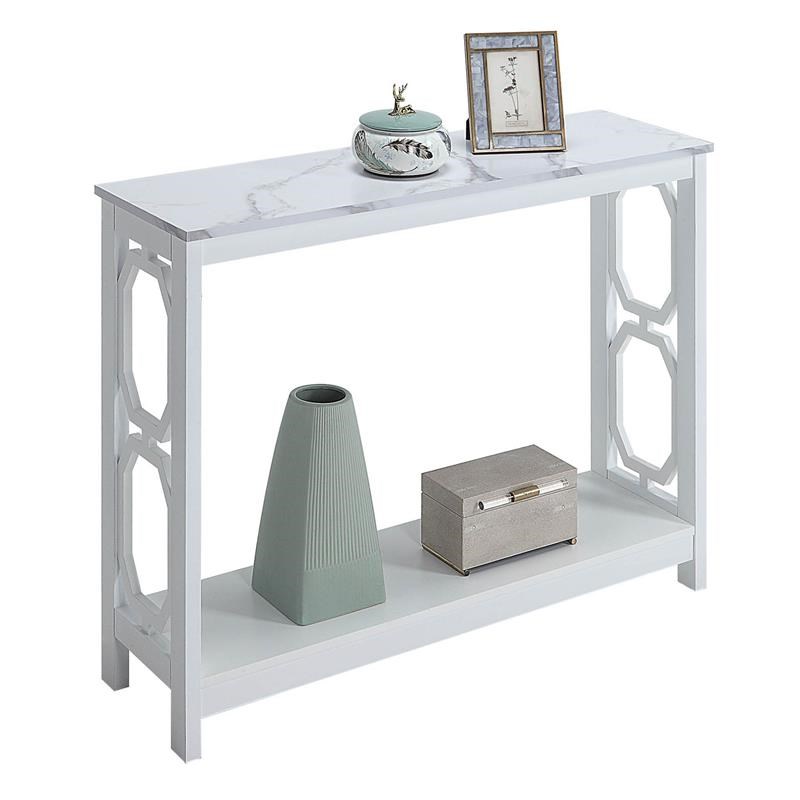 Omega Console Table with Shelf with White Faux Marble and White Wood Finish