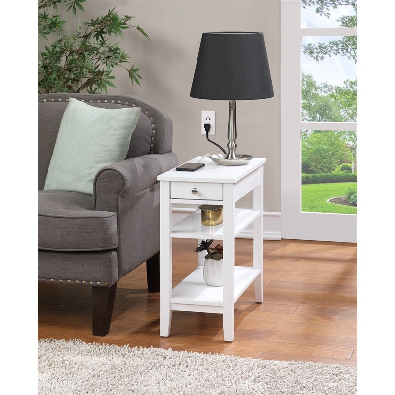 American Heritage One-Drawer End Table with Charging Station in White Wood