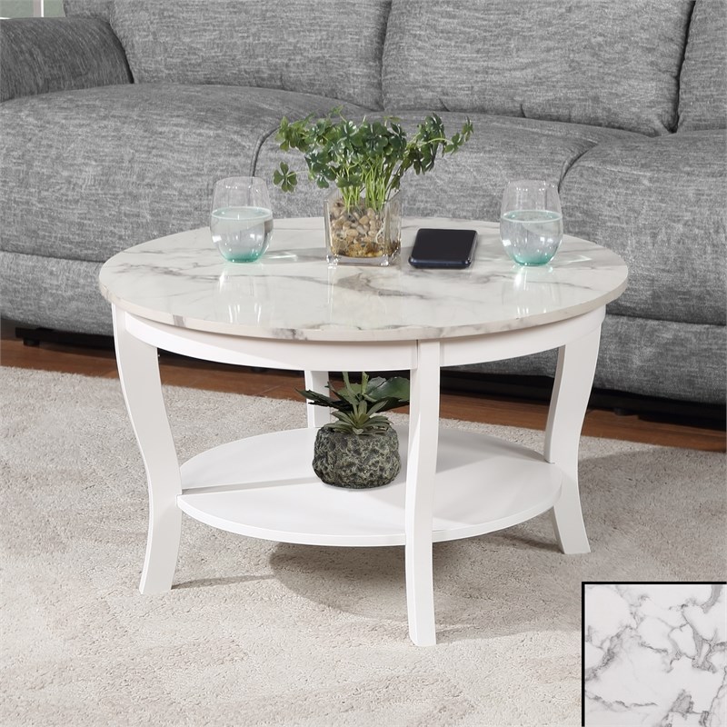 American Heritage Round Coffee Table with Shelf in White Wood and Faux Marble