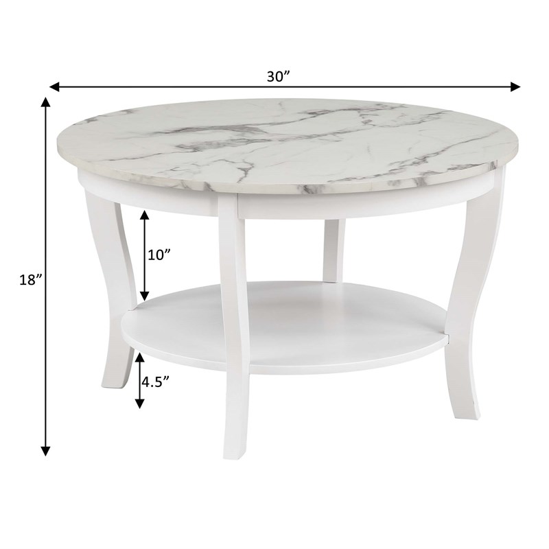 American Heritage Round Coffee Table with Shelf in White Wood and Faux Marble