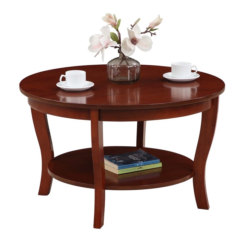 American Heritage Round Coffee Table with Shelf in Mahogany Wood Finish