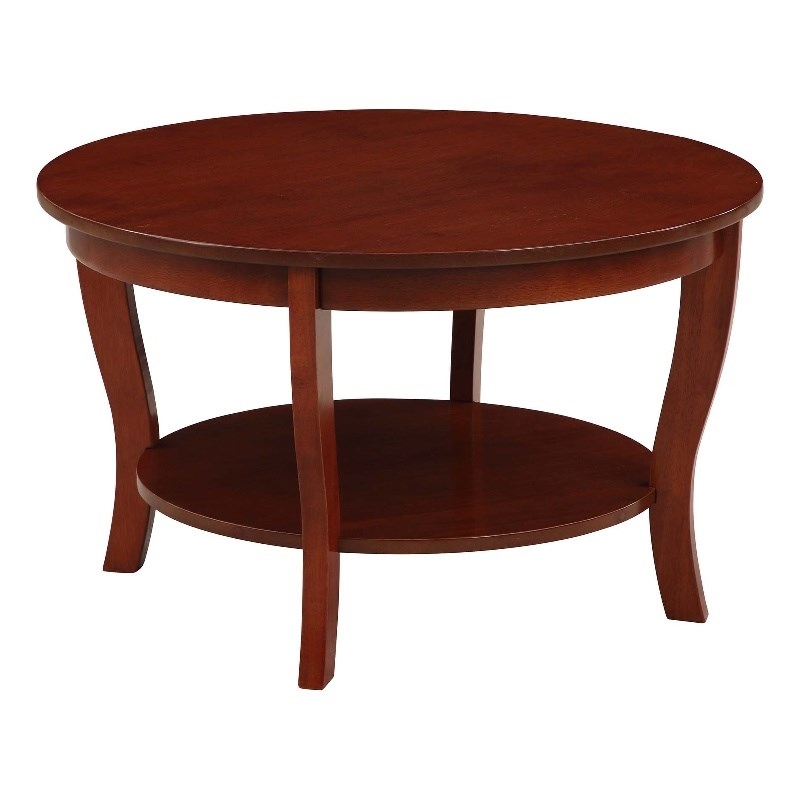 American Heritage Round Coffee Table with Shelf in Mahogany Wood Finish