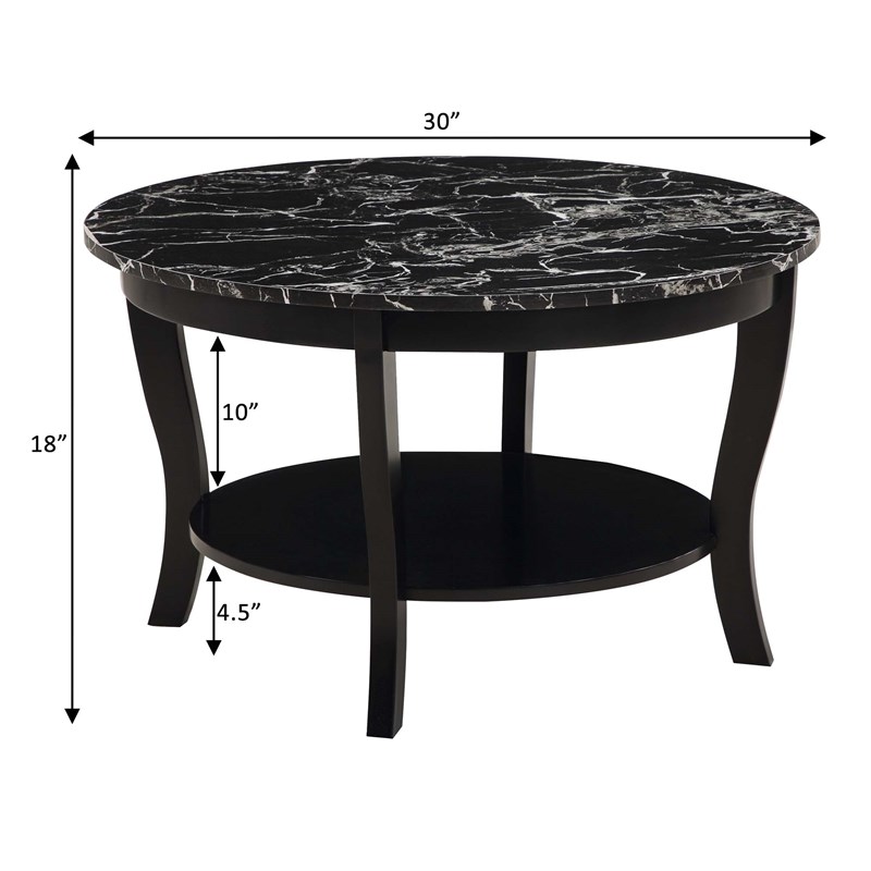 American Heritage Round Coffee Table w/Shelf in Black Wood and Faux Marble Top