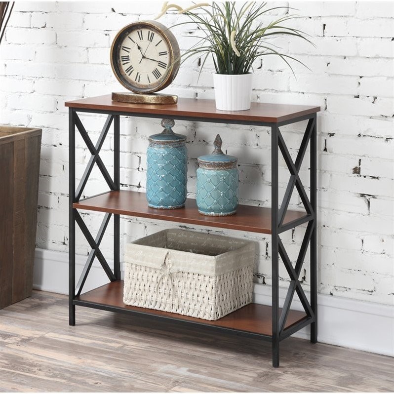 Tucson Three Tier Bookcase in Black Metal and Cherry Wood Finish