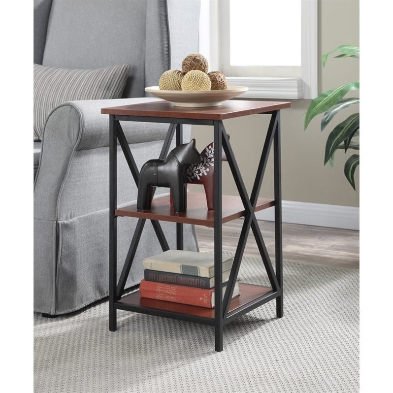 Convenience Concepts Tucson Three-Tier End Table in Black Metal and Cherry Wood