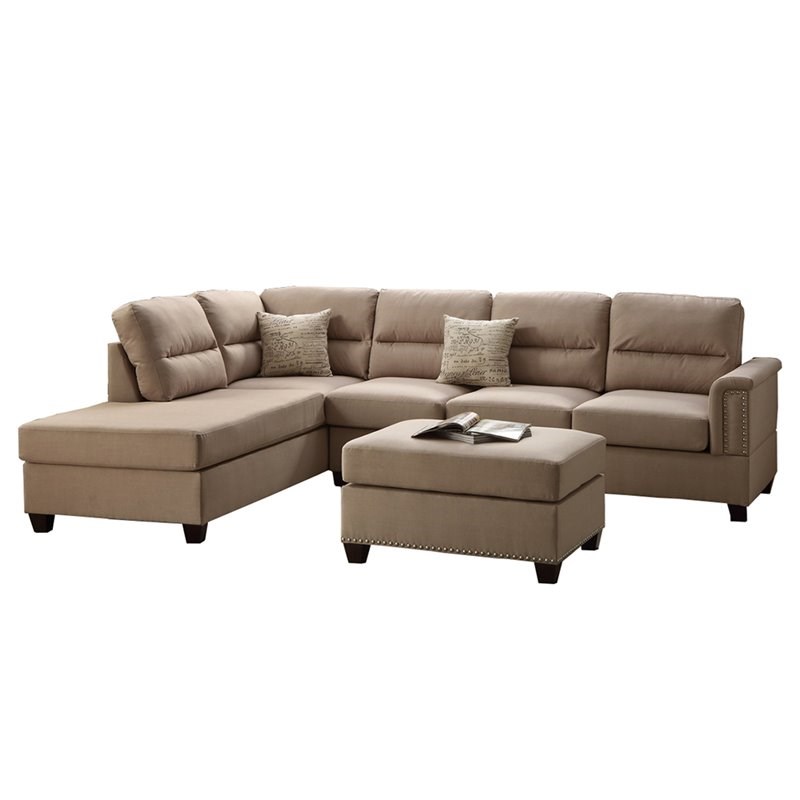 Poundex 3 Piece Fabric Sectional Sofa Set with Ottoman in Sand Brown ...