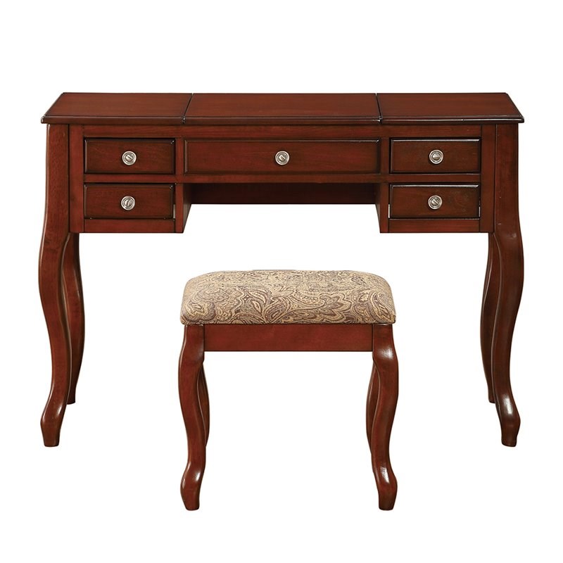 Poundex Furniture Wood Vanity Set with Stool and Mirror in Cherry