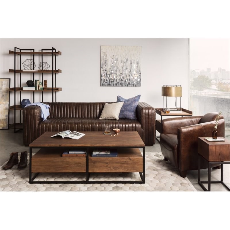 Moe's Home Collection Castle Leather Sofa with Solid Birch Frame in Brown
