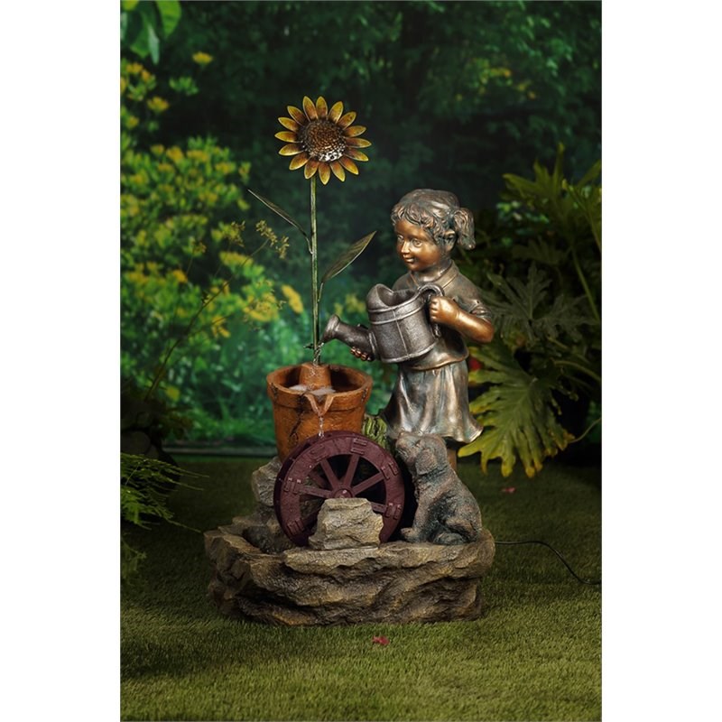 Jeco Girl Watering Sunflower Fountain in Gray and Brown