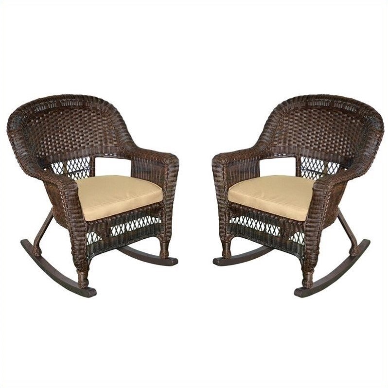 Jeco Wicker Chair in Espresso with Tan Cushion (Set of 4)