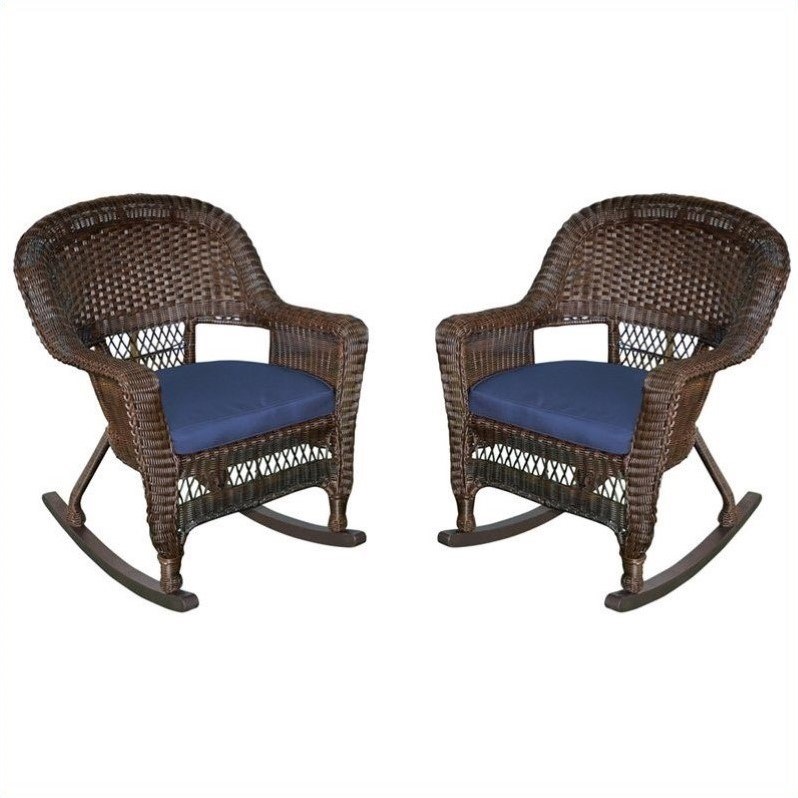 Jeco Rocker Wicker Chair in Espresso with Blue Cushion (Set of 2)
