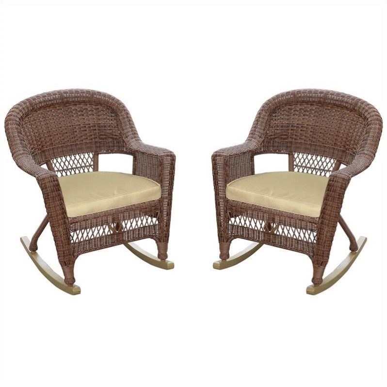 Jeco Wicker Rocker Chair in Honey with Tan Cushion (Set of 2)