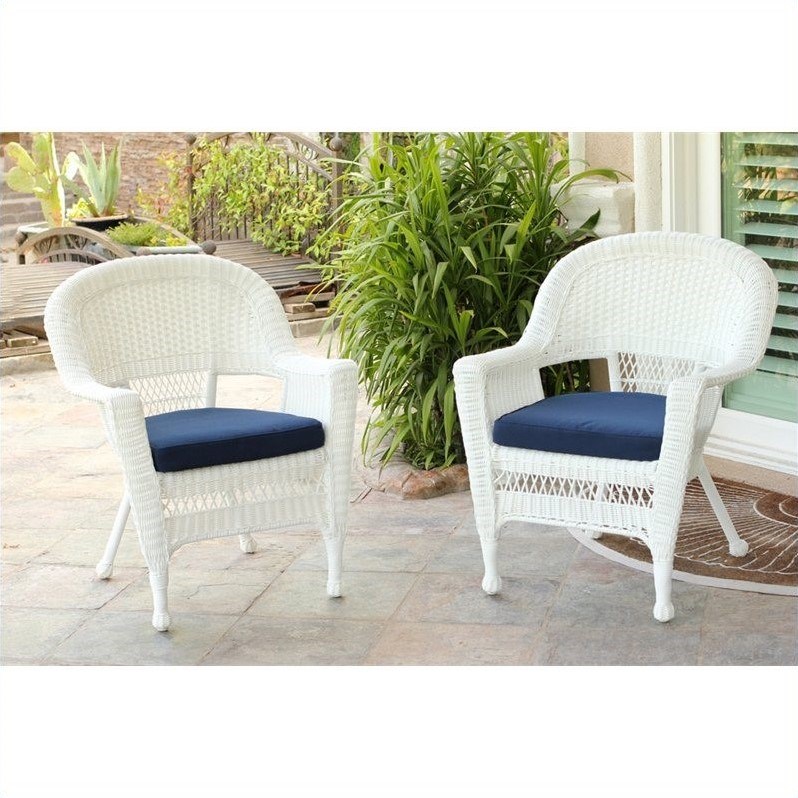 Jeco Wicker Wicker / Rattan Chair in White with Blue Cushion (Set of 2)