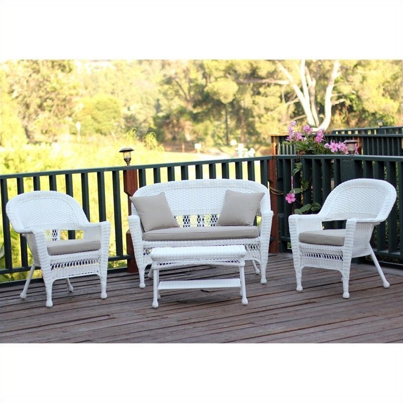 Jeco 4pc Wicker Conversation Set in White with Tan Cushions Homesquare