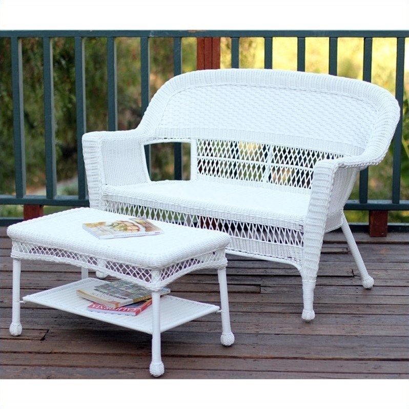 Jeco Wicker Patio Love Seat and Coffee Table Set in White without Cushion