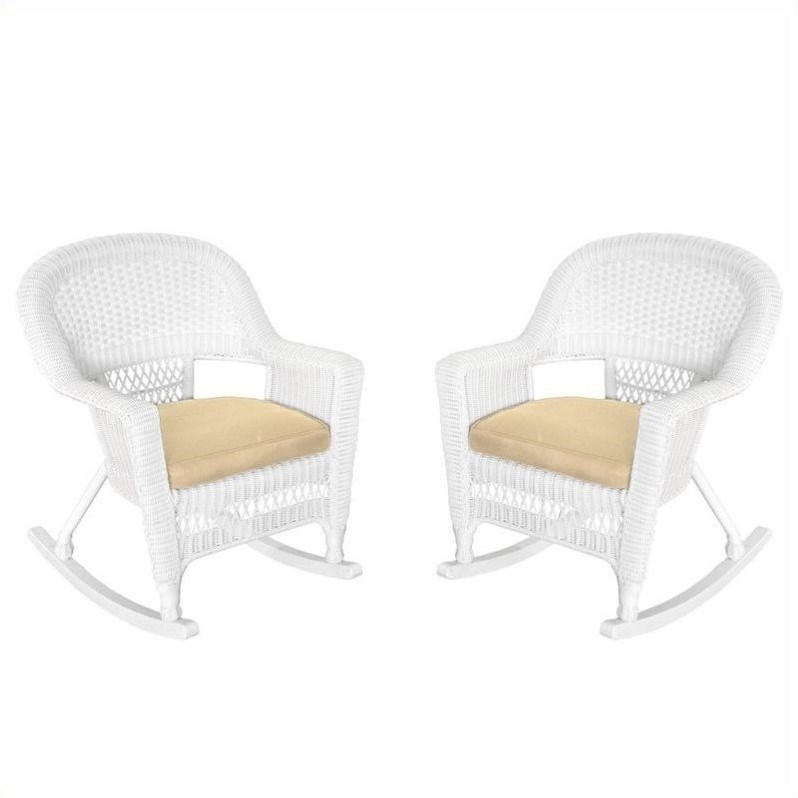 Jeco Rocker Wicker Chair in White with Tan Cushion (Set of 2)