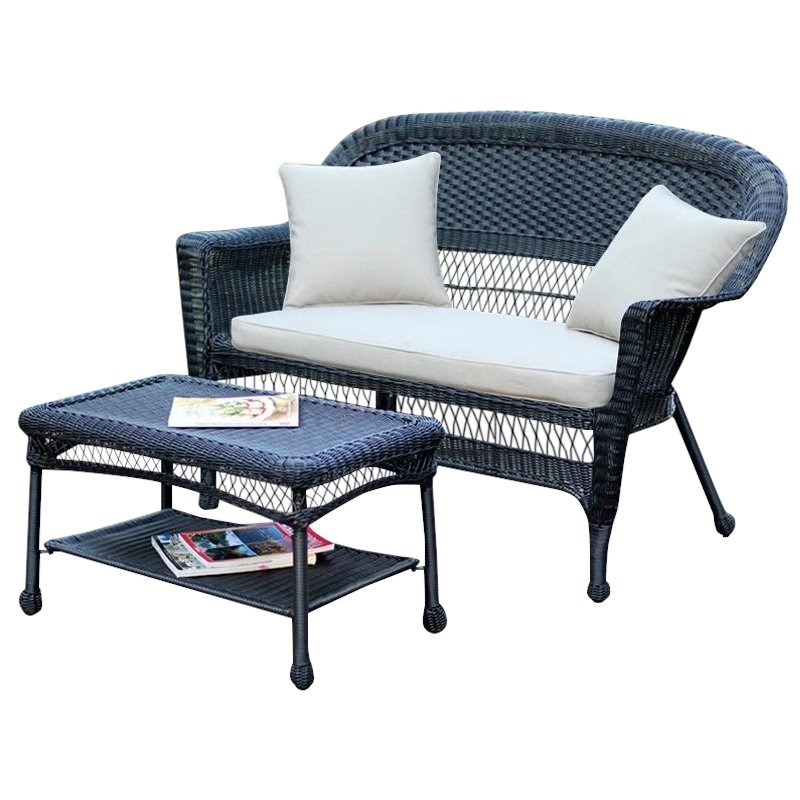 Jeco Wicker Patio Love Seat and Coffee Table Set in Black without Cushion