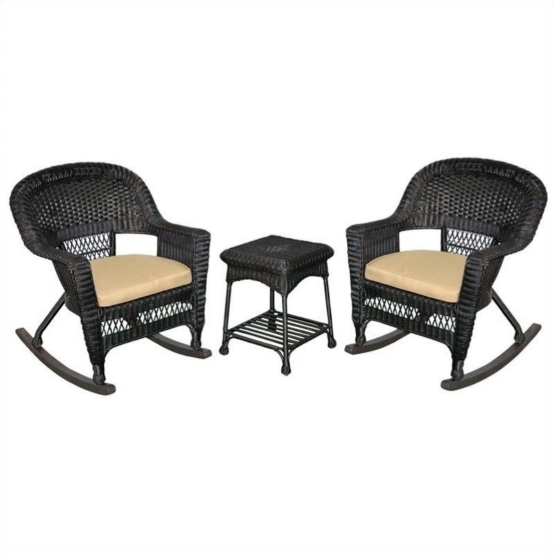 Jeco 3pc Wicker Rocker Chair Set in Black with Tan Cushion