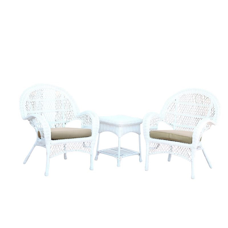 Jeco 3 Piece Wicker Conversation Set in White with Tan Cushions