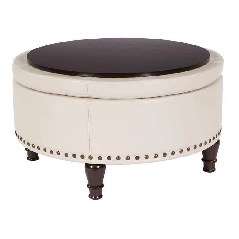 Augusta Round Storage Ottoman in Cream Beige Bonded Leather with