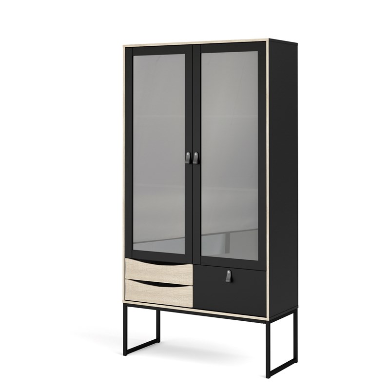 Stubbe 2 Glass Door China Cabinet with 3 Drawers in Black Matte/Oak Structure